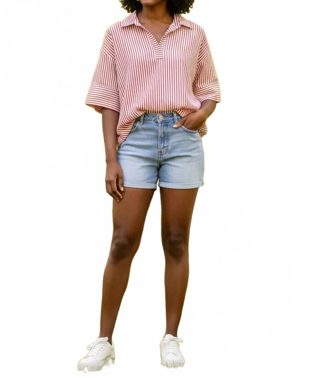 NEW SHE + SKY women's short sleeve oversized striped top in white red